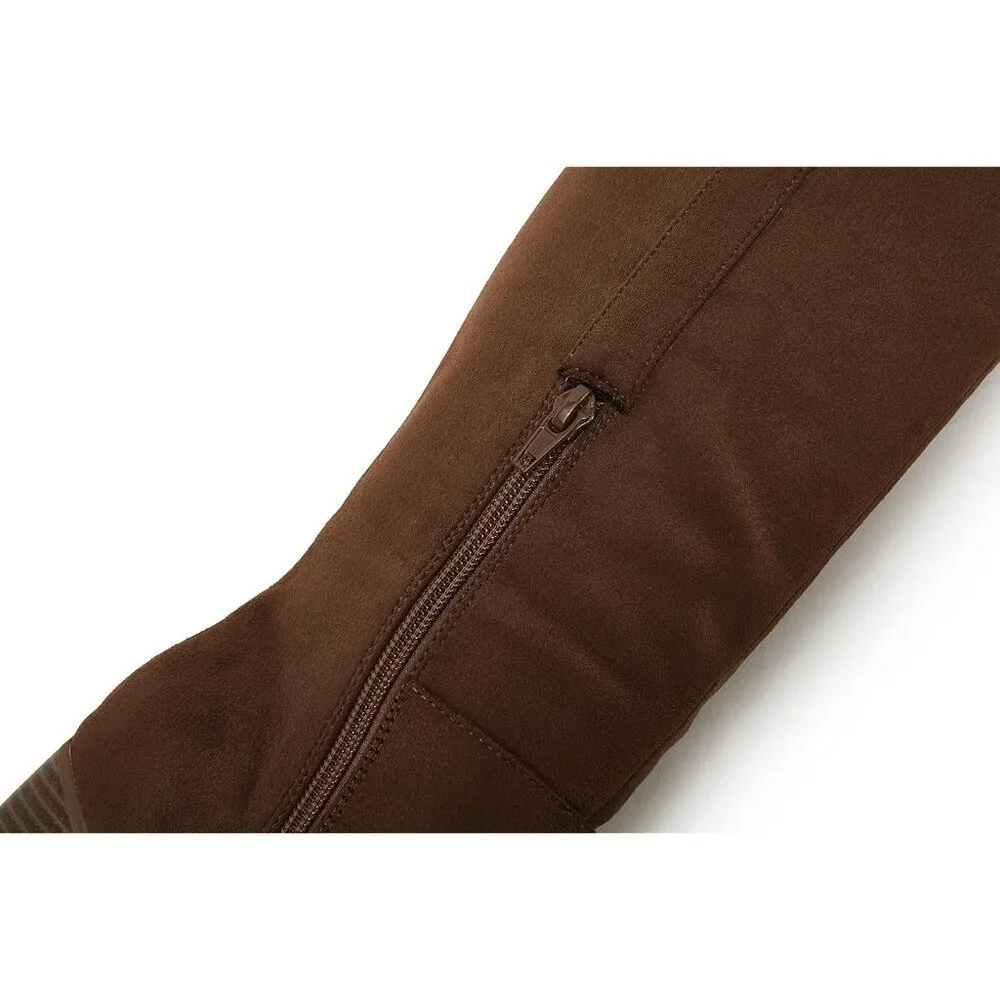 Womens Coffee Faux Suede Knee High Side Zipper Chunky Heel Stretch Winter Boots